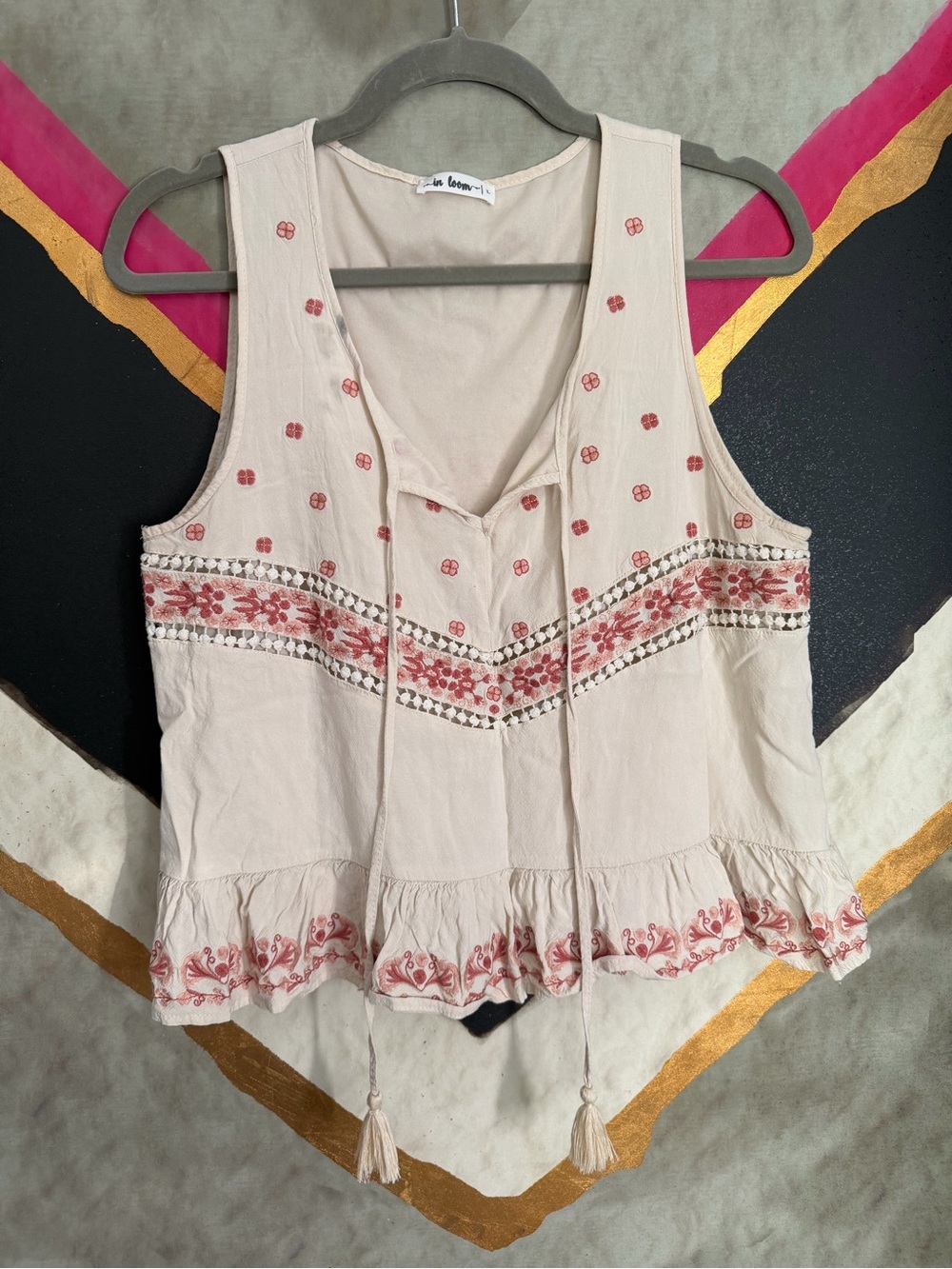 Embroidered Tassel Peplum Camisole - cream